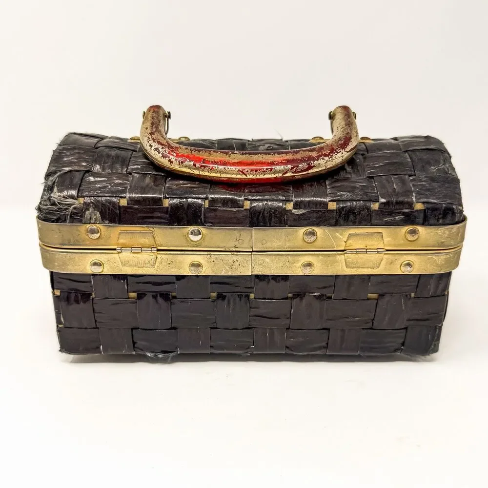 Vintage Woven Plastic Raffia Box Purse Black Gold Lucite Handle Jewelry Case